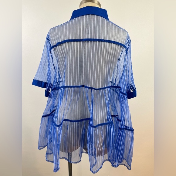 C Yard Blue Sheer Striped Button Front Peplum Top, Size Large - Picture 3 of 12